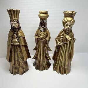 Vintage Three Kings/Wise Men Gold Nativity Figures Taper Candle Holders Set Of 3